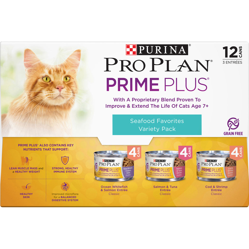 Purina Pro Plan Grain-Free Senior Pate Prime Plus Seafood Favorites Wet Cat Food Variety Pack  