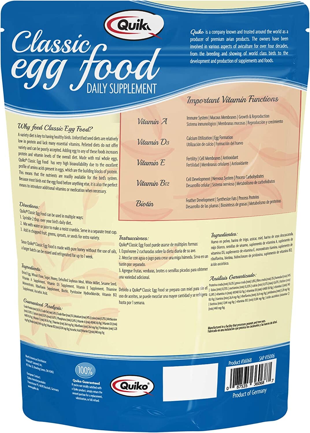 Quiko Quiko Classic Egg Food Bird Supplements - 1.1 Lb  