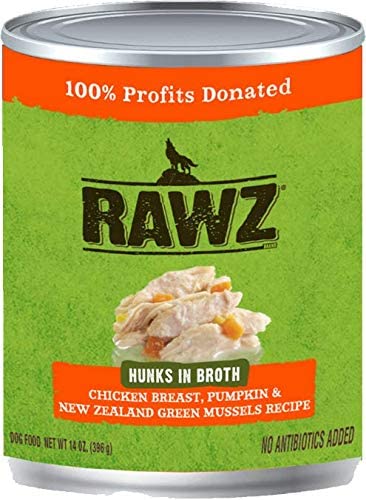 Rawz Hunks in Broth Chicken Breast, Pumpkin & NZGM Canned Dog Food - 14 oz - Case of 12