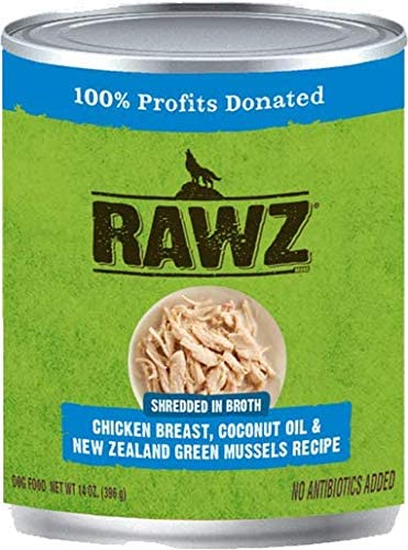 Rawz Shredded Chicken Breast, Coconut Oil & NZGM Canned Dog Food - 14 oz - Case of 12  