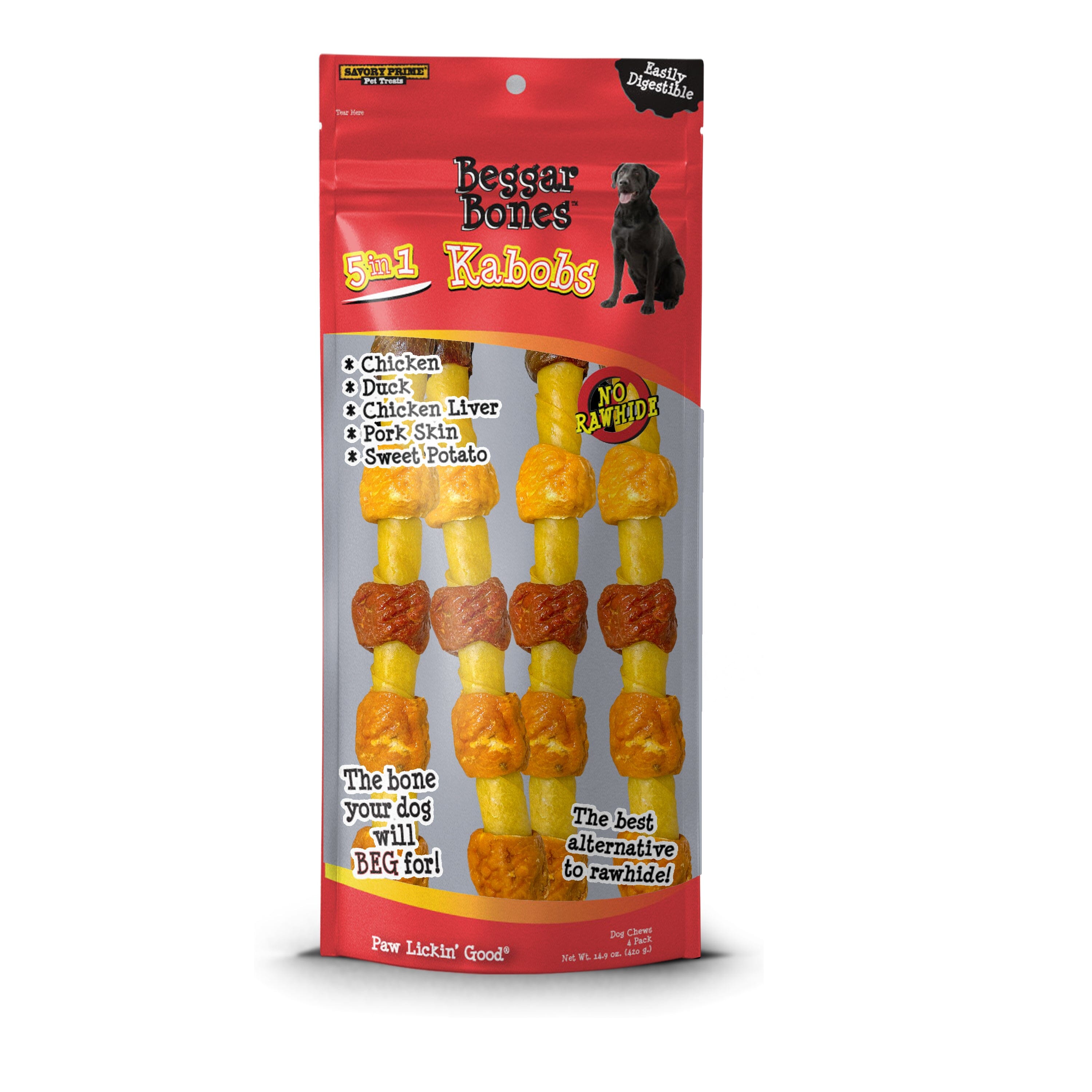 Savory Prime Beggar Bone 5 in 1 Kabobs Dog Treats - 10 in - 4 Pack  