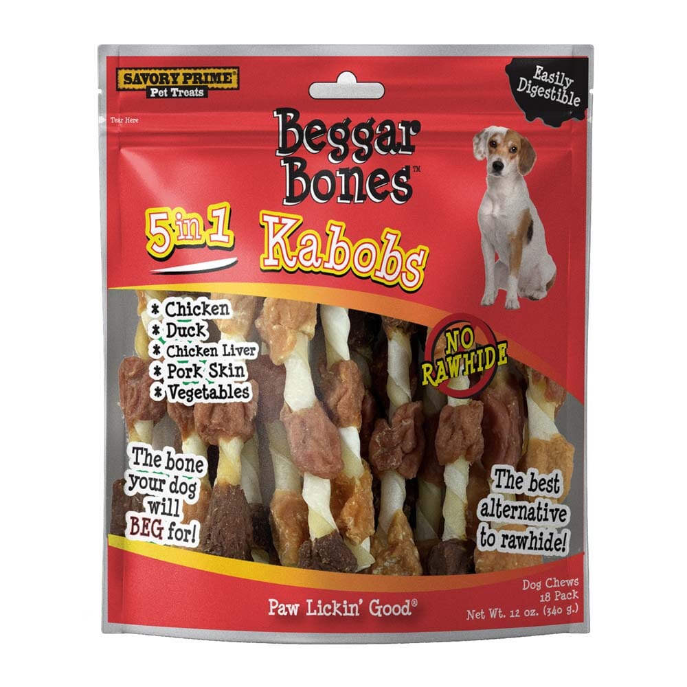Savory Prime Beggar Bone 5 in 1 Kabobs Dog Treats - 12 Oz - 18 Pack  