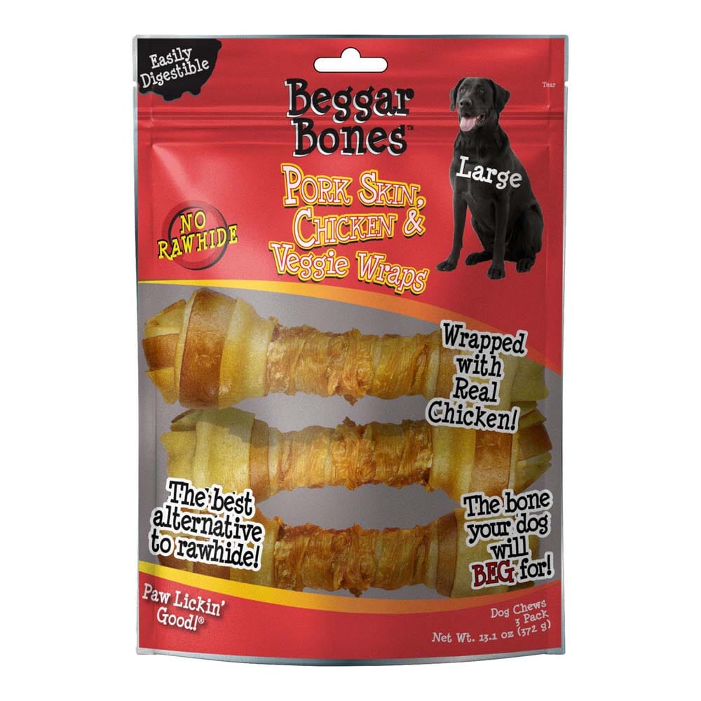 Savory Prime Beggar Bones Pork Skin, Chicken & Veggie Wraps Dog Treats - Large - 3 Pack  