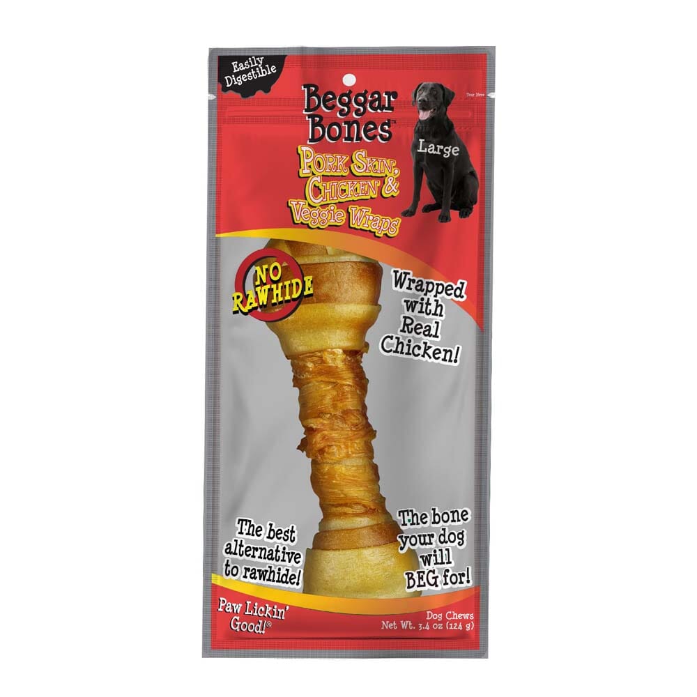 Savory Prime Beggar Bones Pork Skin, Chicken & Veggie Wraps Dog Treats - Large - 3.4 Oz  