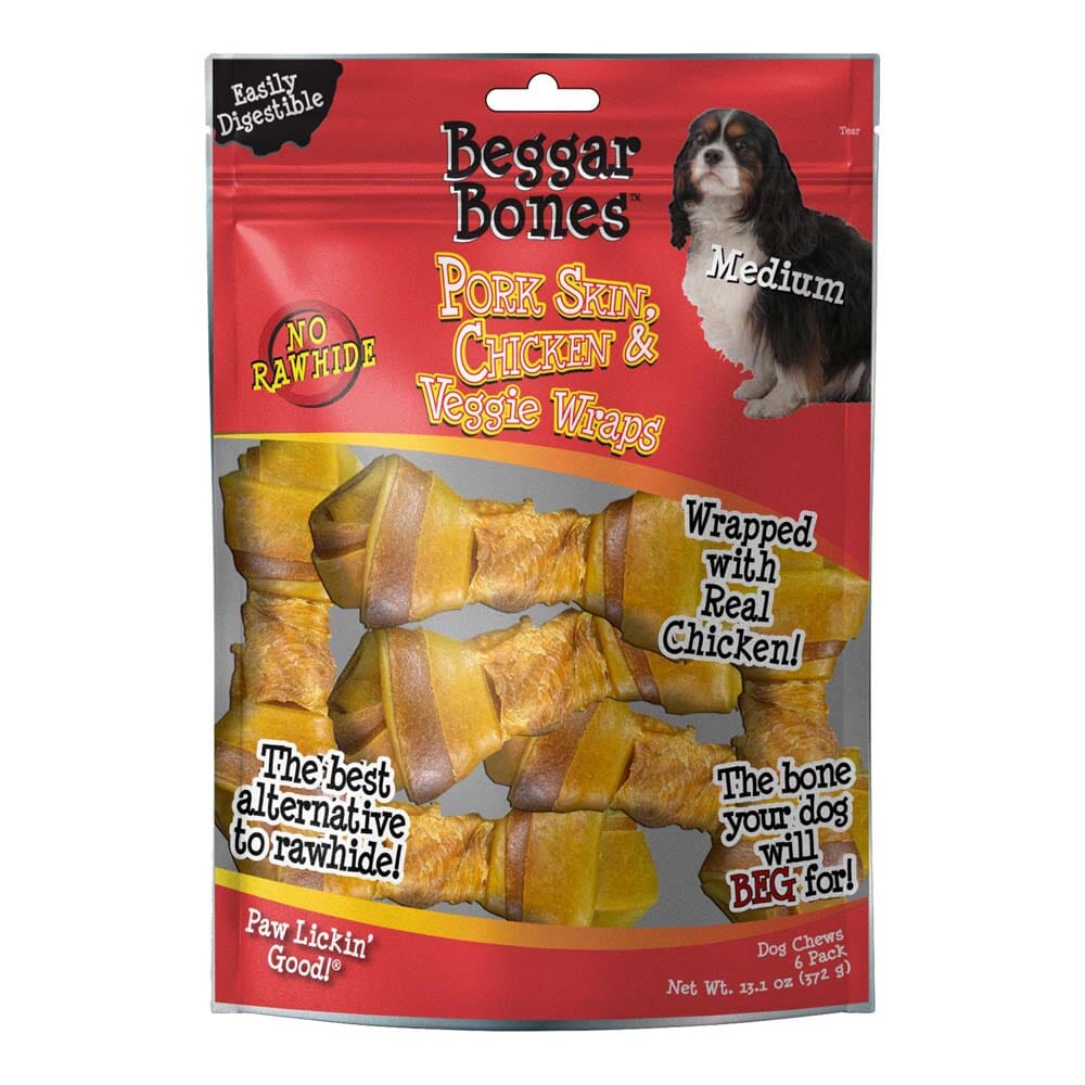 Savory Prime Beggar Bones Pork Skin, Chicken & Veggie Wraps Dog Treats - Medium - 6 Pack  