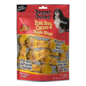 Savory Prime Beggar Bones Pork Skin, Chicken & Veggie Wraps Dog Treats - Medium - 6 Pack