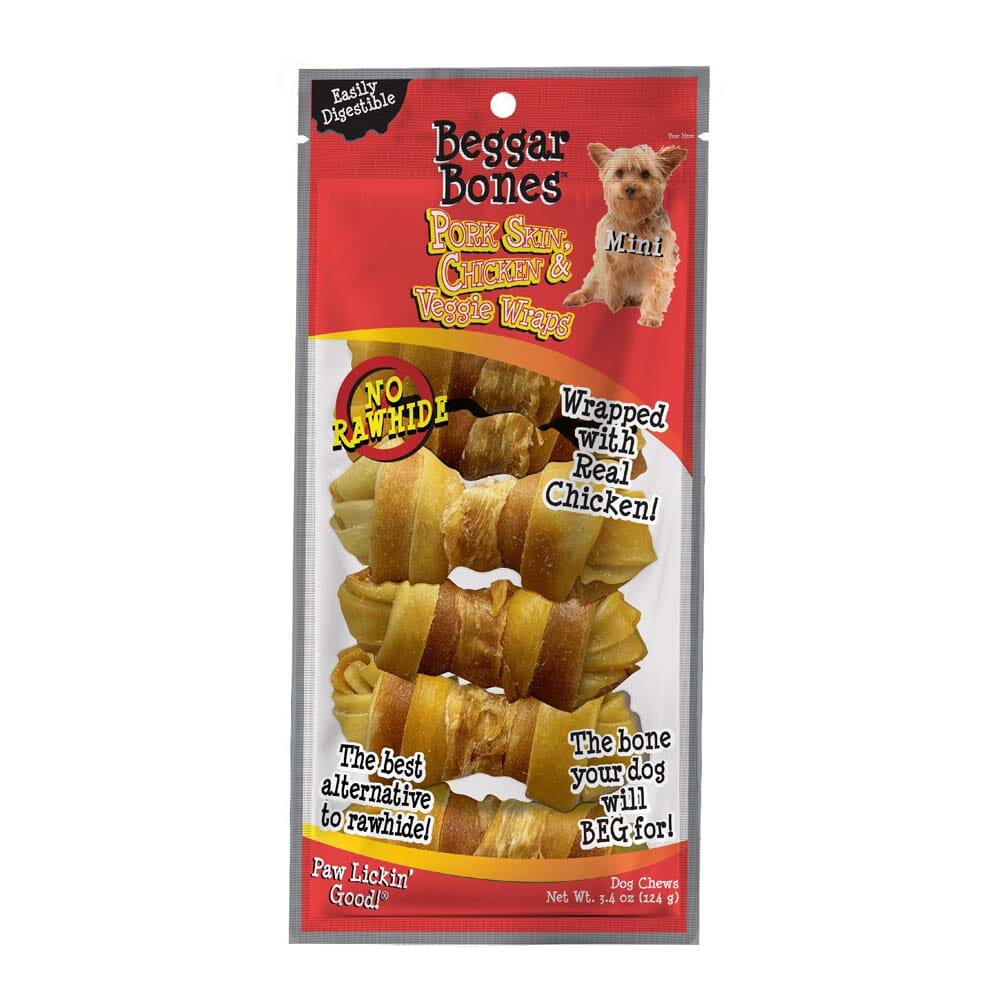 Savory Prime Beggar Bones Pork Skin, Chicken & Veggie Wraps Dog Treats - Small - 7 Pack  