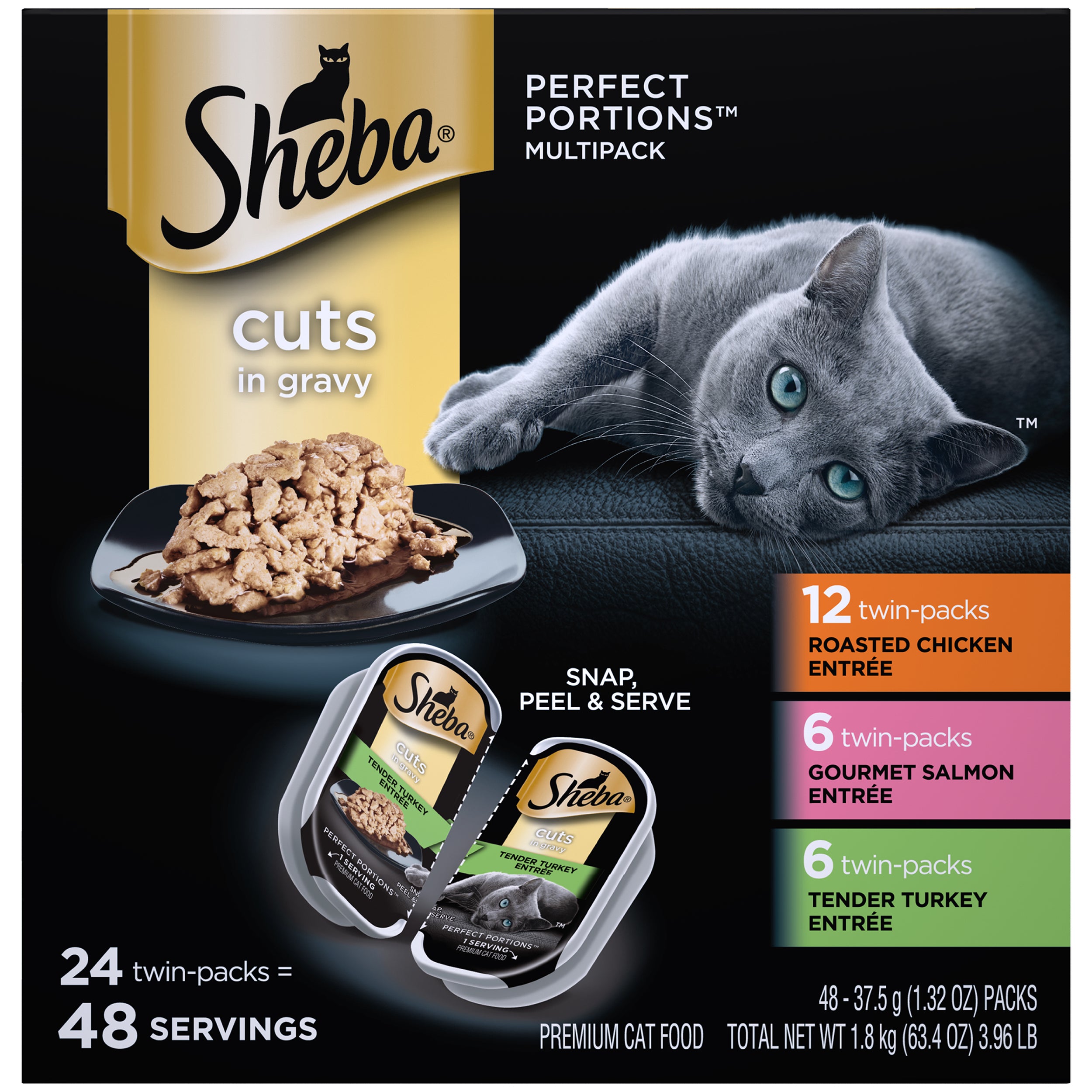 Sheba Perfect Portions Mixed Pate Chicken/Salmon/Turkey Twin Multi-Pack Wet Cat Food - 2.65 oz - Case of 36  