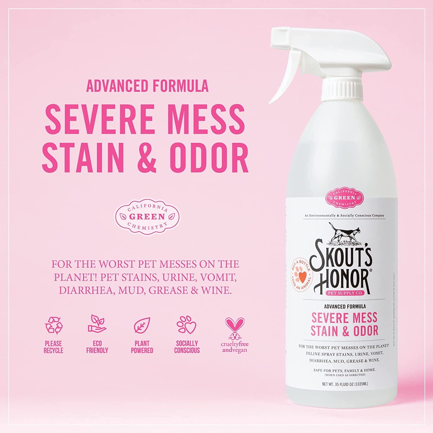 Skout's Honor Stain & Odor Severe Mess Advanced Formula Cat Stain and Odor Remover - 35 Oz Bottle  