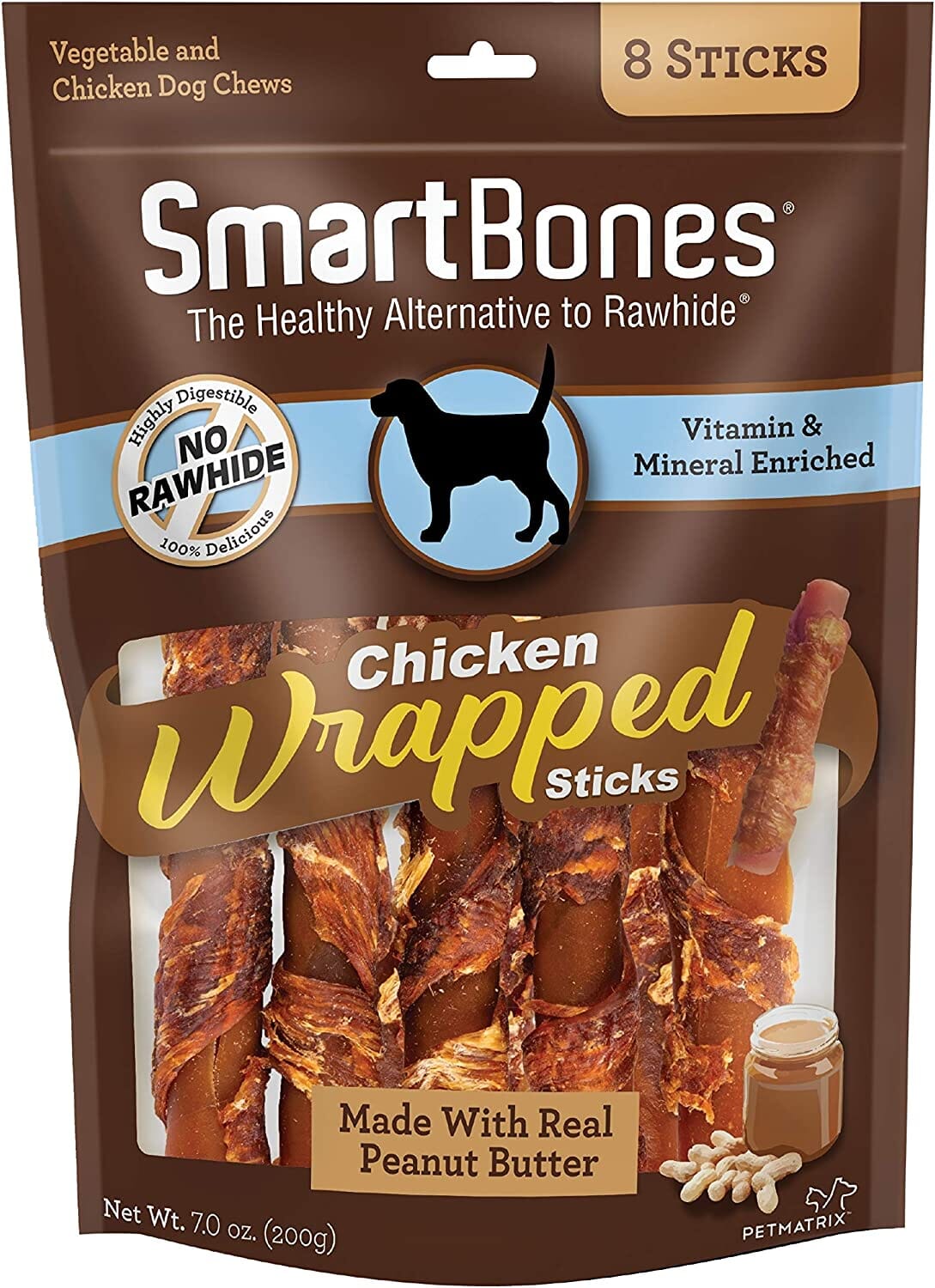 Smartbones Chicken Wrapped Sticks Dog Dental and Hard Chews - Peanut Butter - 8 Pack  