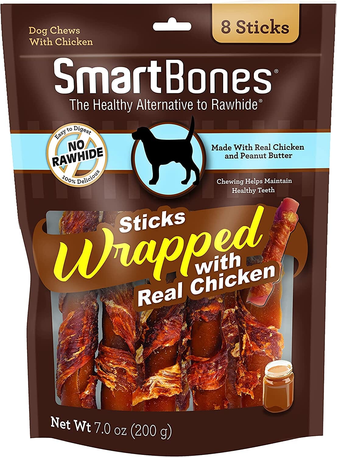 Smartbones Chicken Wrapped Sticks Dog Dental and Hard Chews - Peanut Butter - 8 Pack  