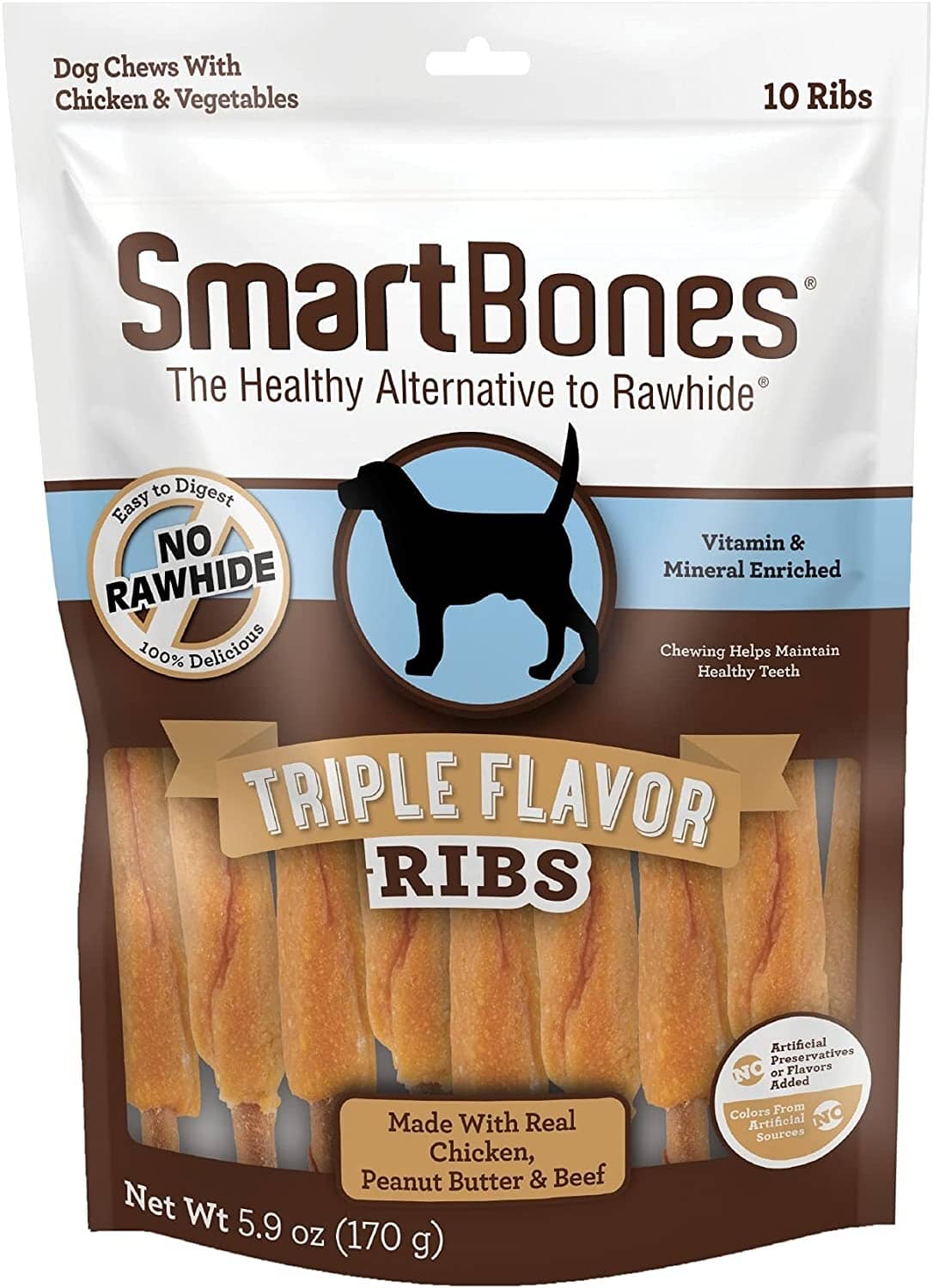 Smartbones Ribs Triple Flavor Dog Dental and Hard Chews - Peanut Butter - 10 Count  