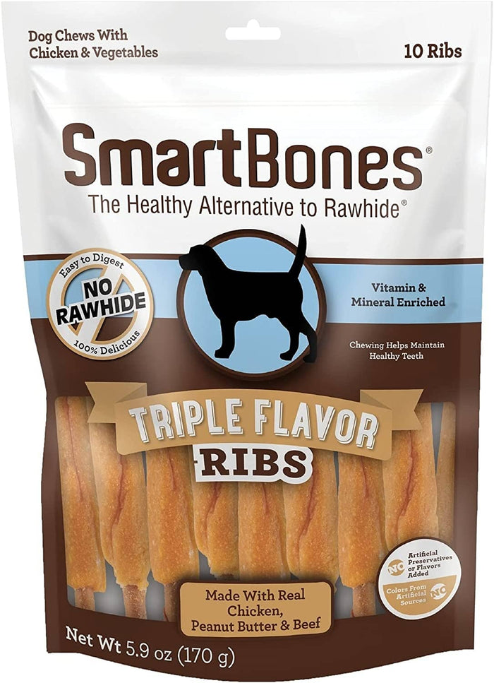 Smartbones Ribs Triple Flavor Dog Dental and Hard Chews - Peanut Butter - 10 Count