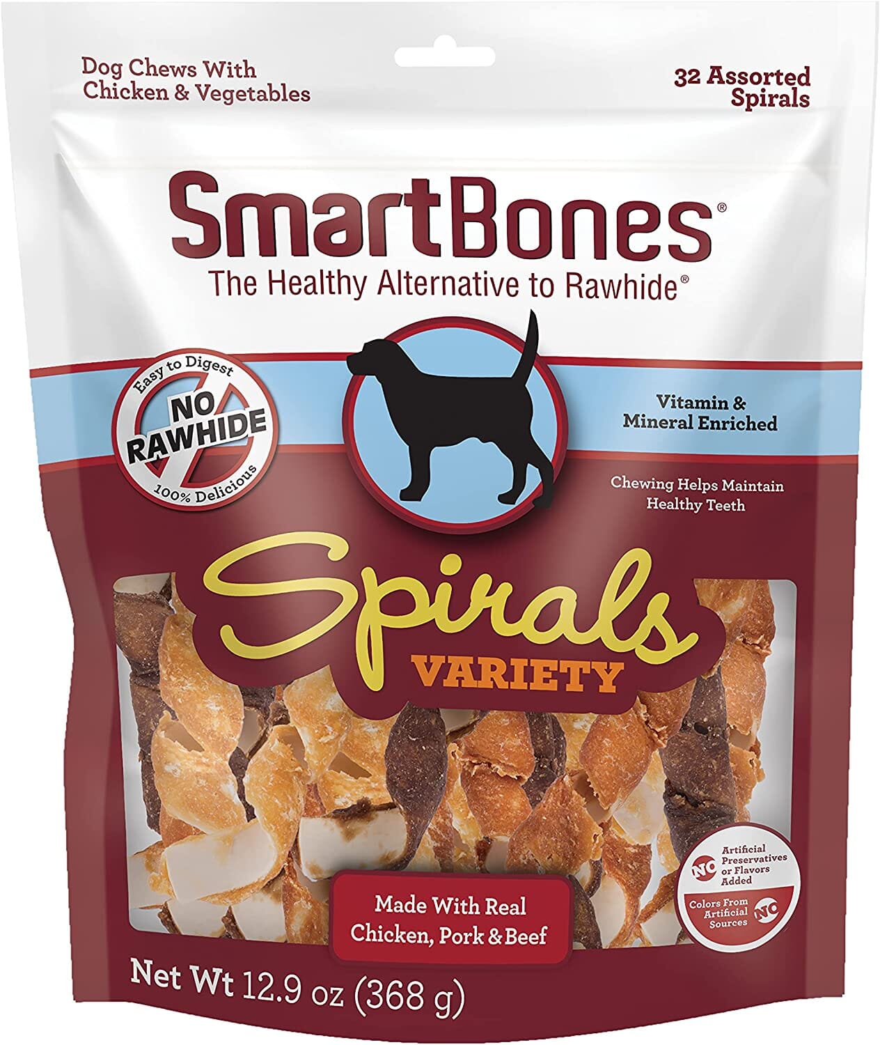 Smartbones Spirals Variety Pack Dog Dental and Hard Chews - Chicken Pork and Beef - 32 Count  