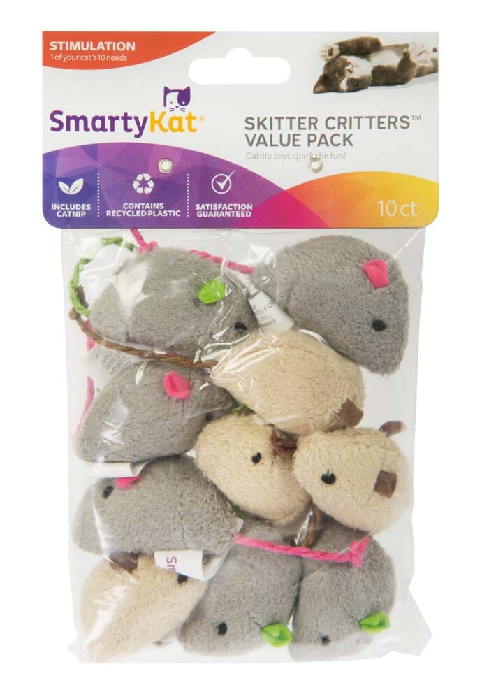 SmartyKat Skitter Critters Mice Catnip Toy - Grey and Tan - 10 Count - Value Pack