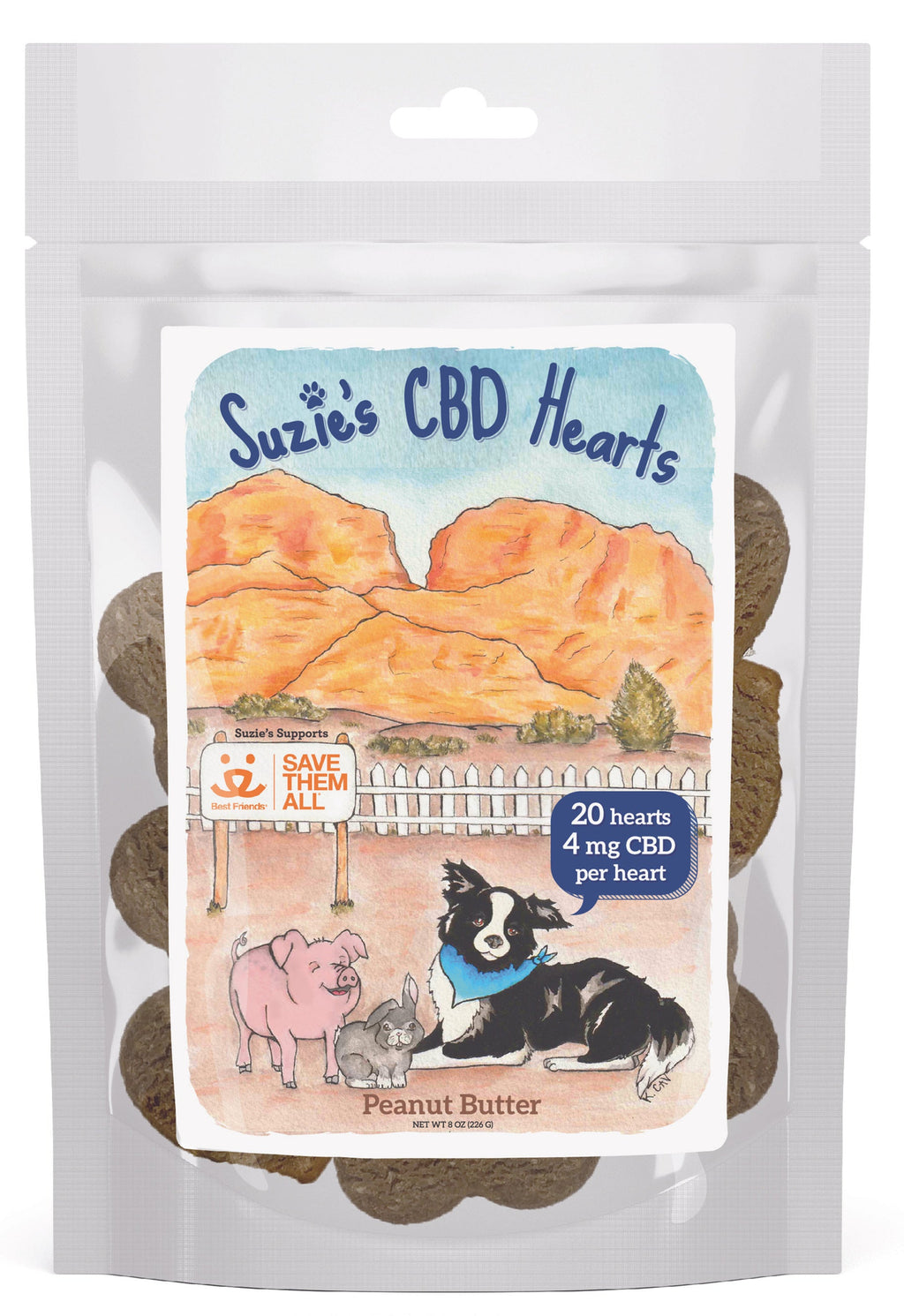 Suzie's CBD Treats Best Friends Hearts Peanut Butter 4mg Dog Biscuits - 7 oz Bag  