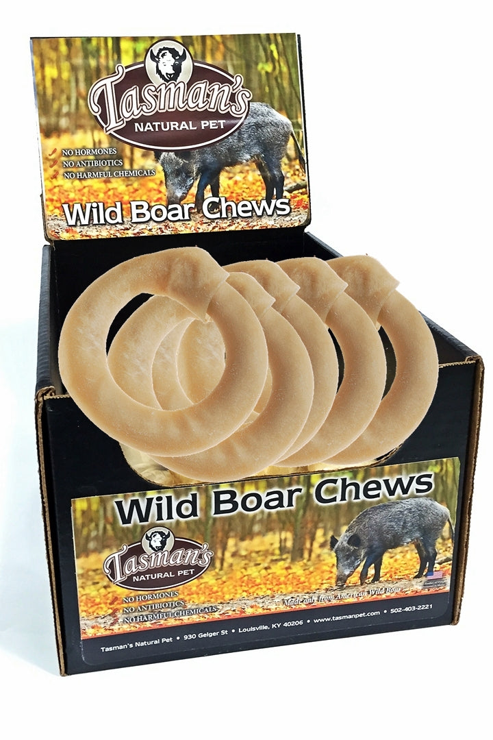 Tasman's Natural Pet 5 - 6" Medium Ring Wild Boar Rawhide Dog Chews - Case of 18  