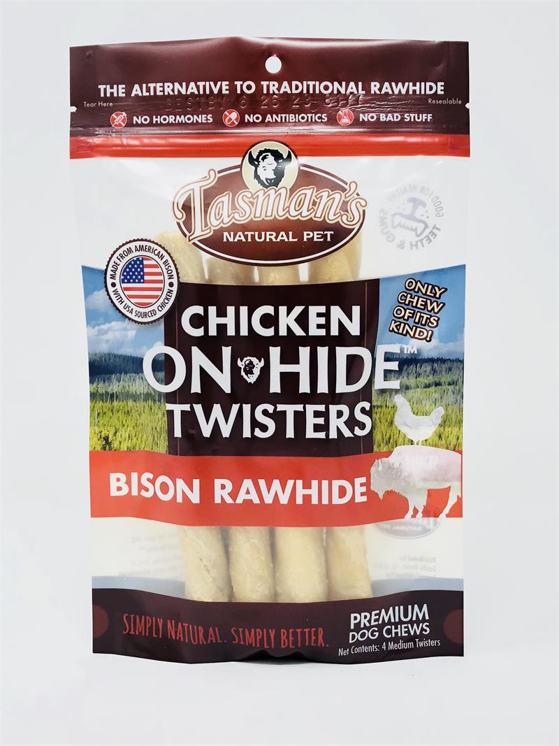 Tasman's Natural Pet Bison Rawhide Bisonhide Chicken Twist Medium Dog Natural Chews - 4 Pack  