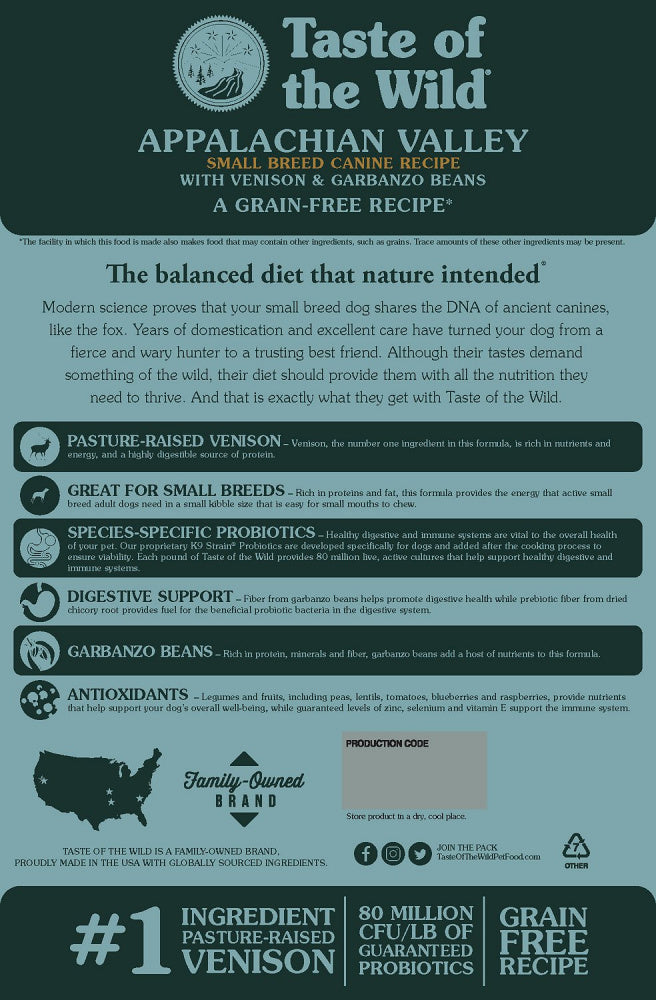 Taste Of The Wild Grain Free Appalachian Valley Small Breed Recipe Dry Dog Food  