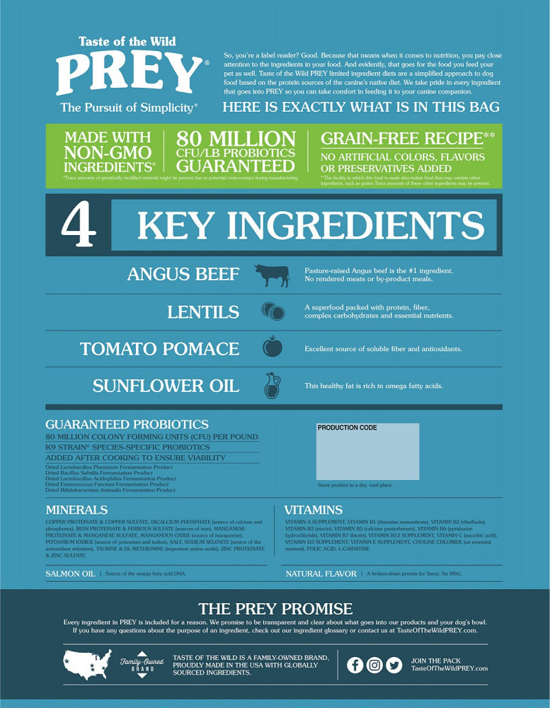 Taste Of The Wild Grain Free Prey Limited Ingredient Angus Beef Dry Dog Food  