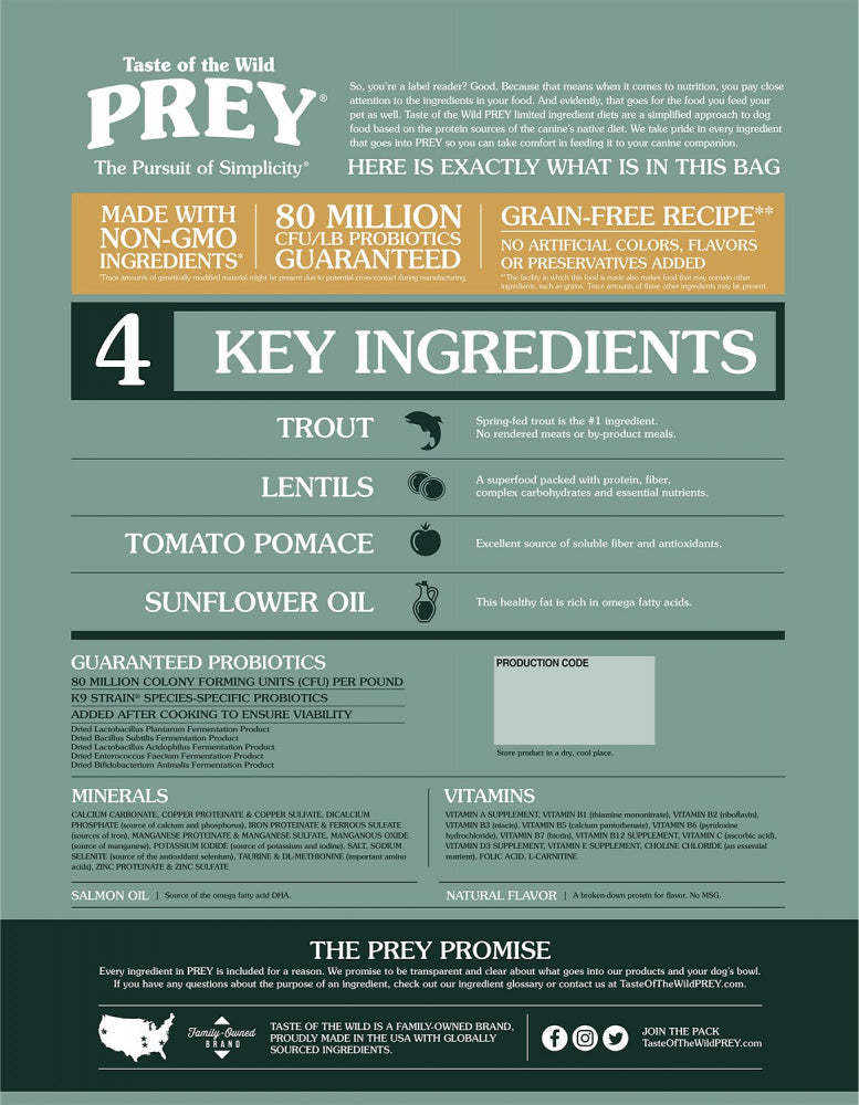 Taste Of The Wild Grain Free Prey Limited Ingredient Trout Dry Dog Food  