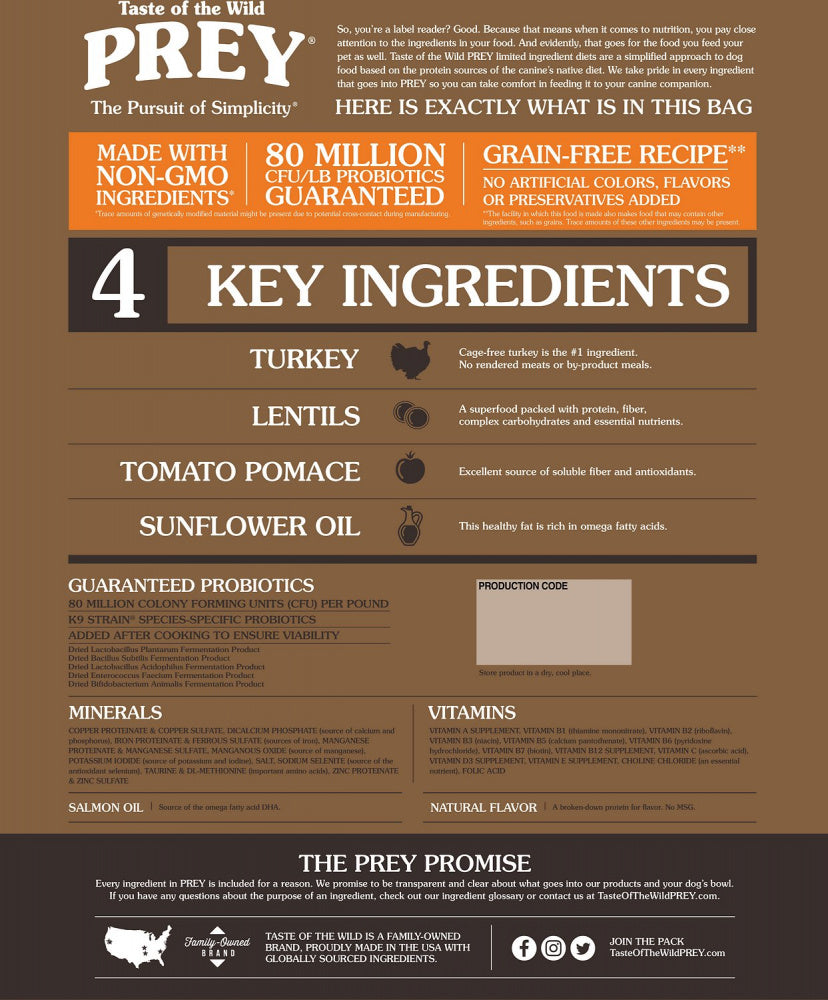 Taste Of The Wild Grain Free Prey Limited Ingredient Turkey Dry Dog Food  