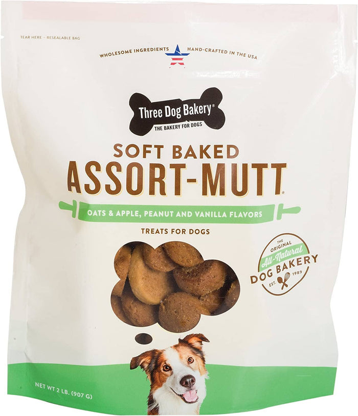 Three Dog Bakery Assortmutt All Natural Trio Dog Biscuits Treats - Oat Apple/Pb/Va - 32 Oz
