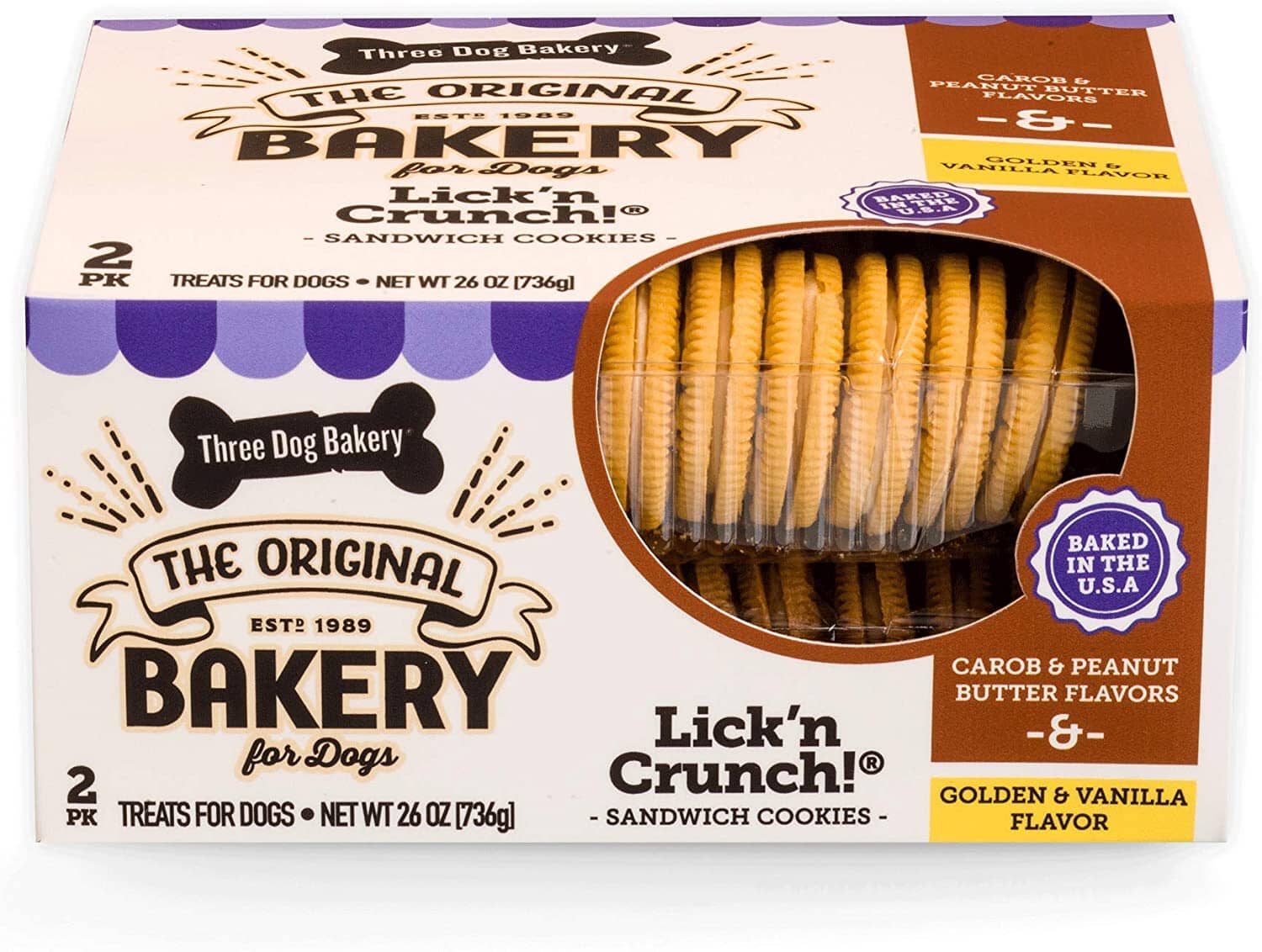 Three Dog Bakery Lick'N Crunch Sandwich Cookies Variety Pack Dog Biscuits Treats - Vanilla/Pb/Caro - 26 Oz - 4 Pack  