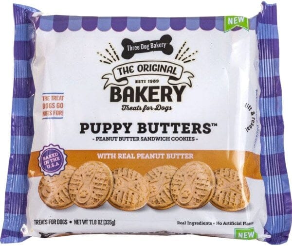 Three Dog Bakery Puppy Butters Sandwich Cookies Dog Biscuits Treats - Peanut Butter - 1...