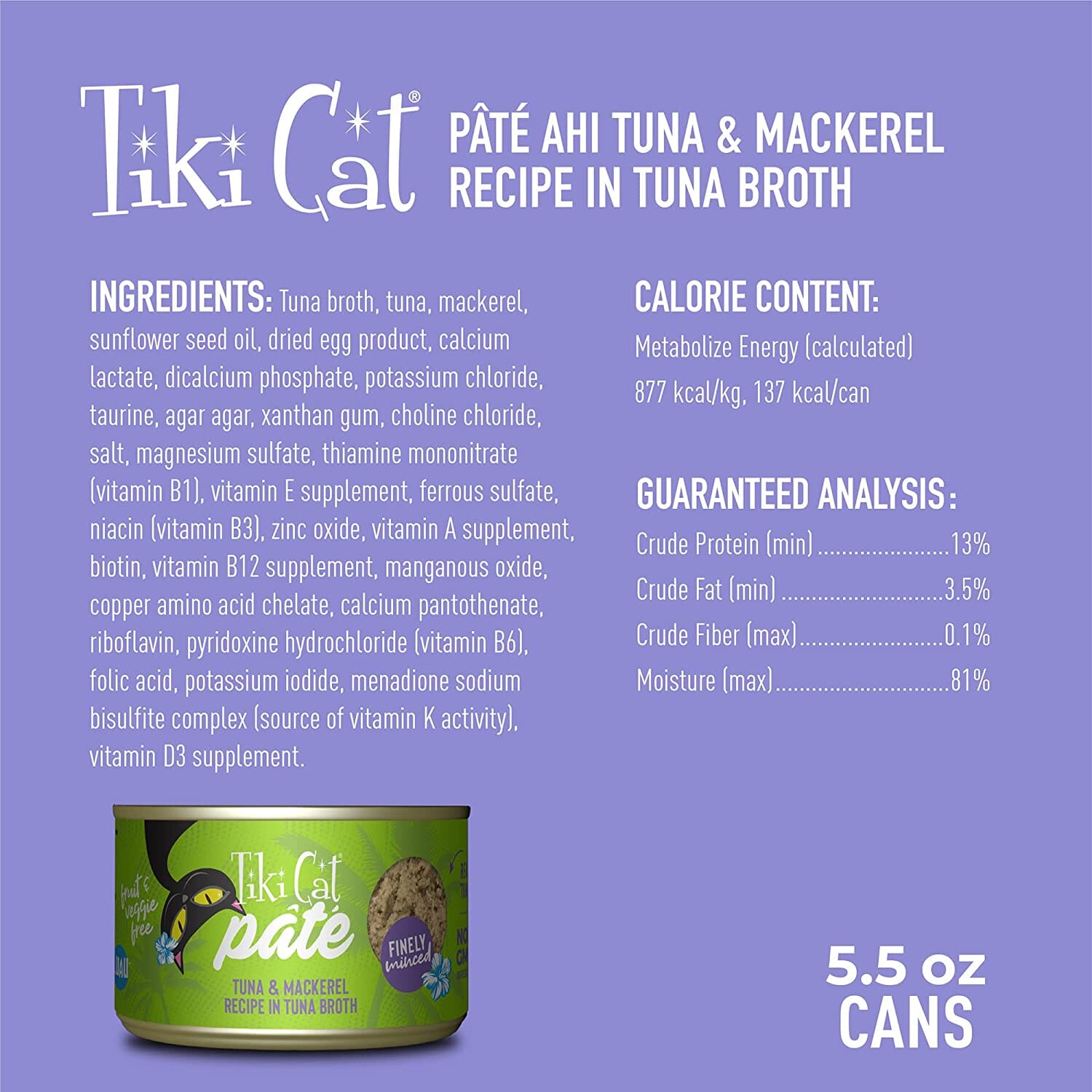 Tiki Cat Ahi Tuna & Mackerel Pate Luau Canned Cat Food - 5.5 Oz - Case of 8  