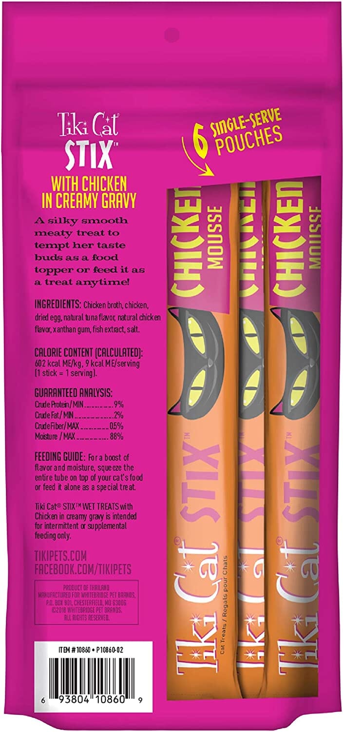 Tiki Cat Chicken Mousse STIX™ Cat Treats - (6 Tubes per Bag) - 3 Oz Bags - Pack of 12  