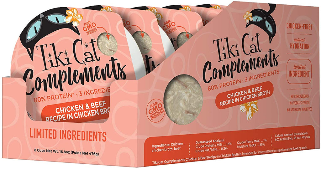 Tiki Cat Complements Chicken & Beef Cat Food Toppers and Crunchers - 2.1 oz Cups - Case...