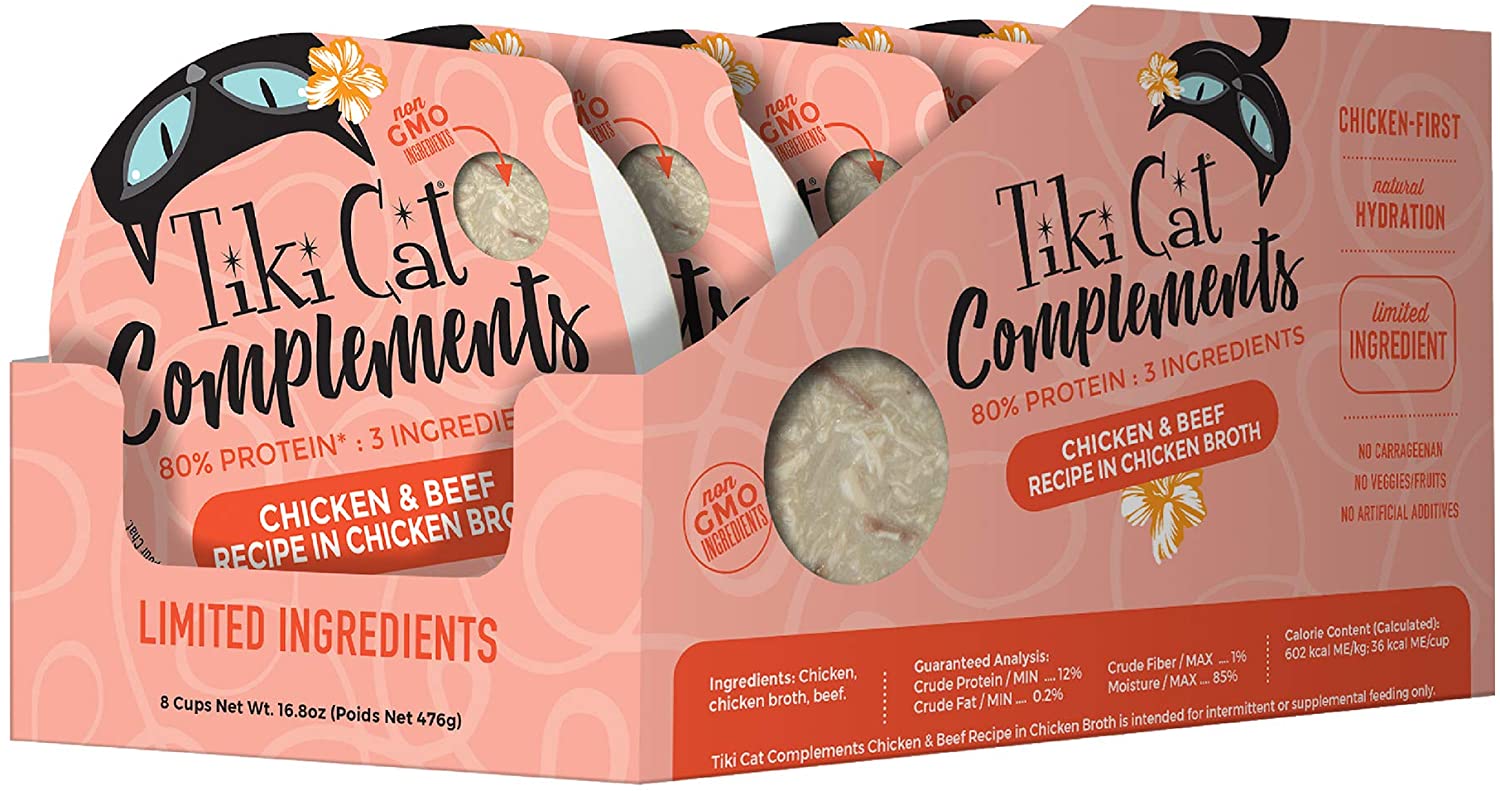 Tiki Cat Complements Chicken & Beef Cat Food Toppers and Crunchers - 2.1 oz Cups - Case of 8  