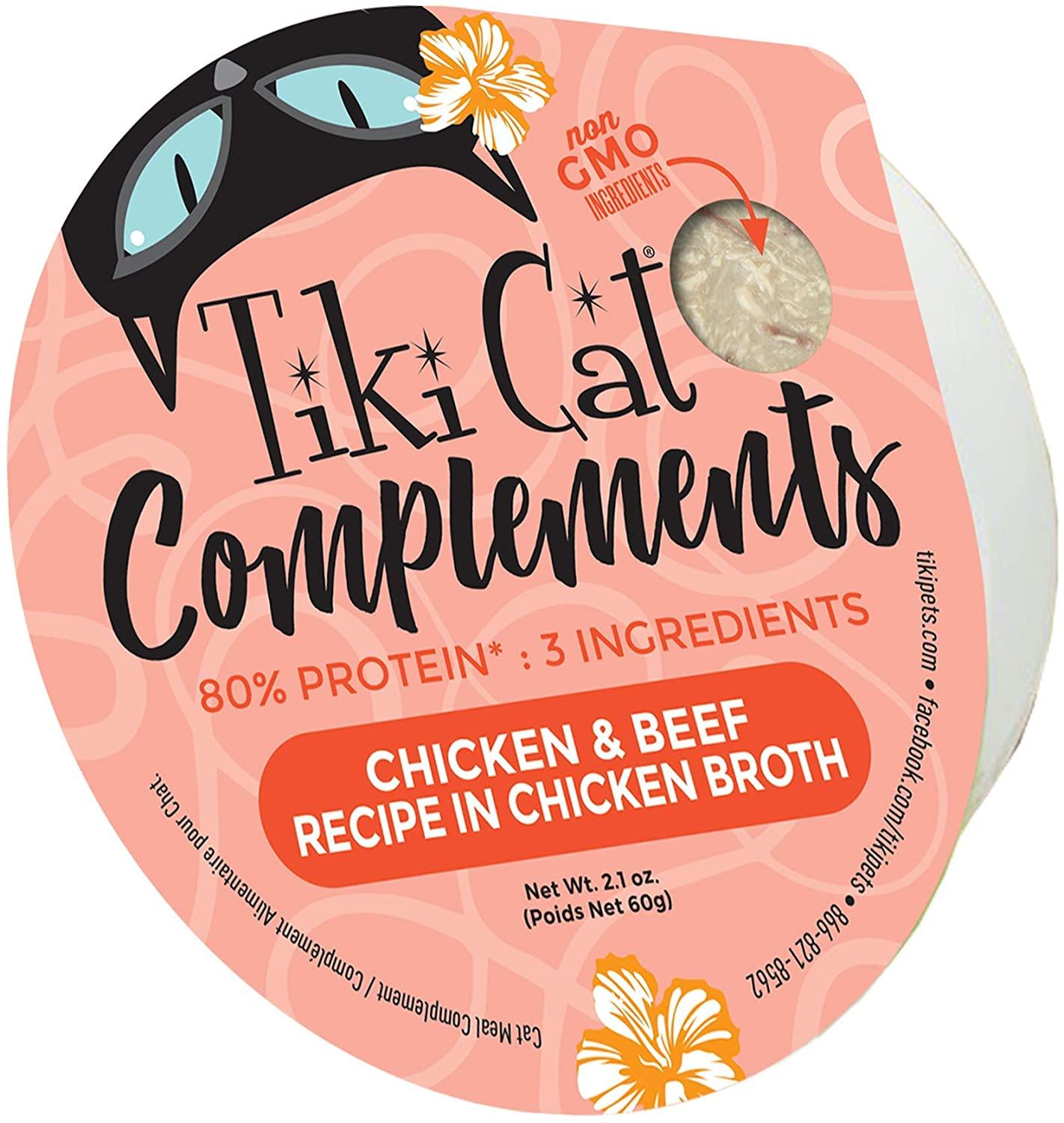 Tiki Cat Complements Chicken & Beef Cat Food Toppers and Crunchers - 2.1 oz Cups - Case of 8  