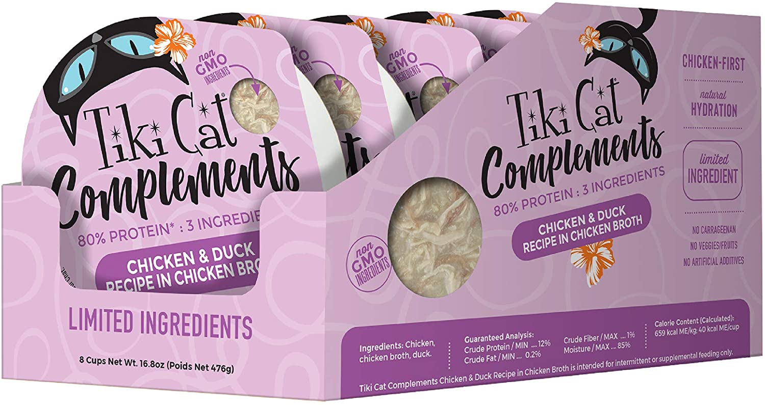 Tiki Cat Complements Chicken & Duck Cat Food Toppers and Crunchers - 2.1 oz Cups - Case of 8  