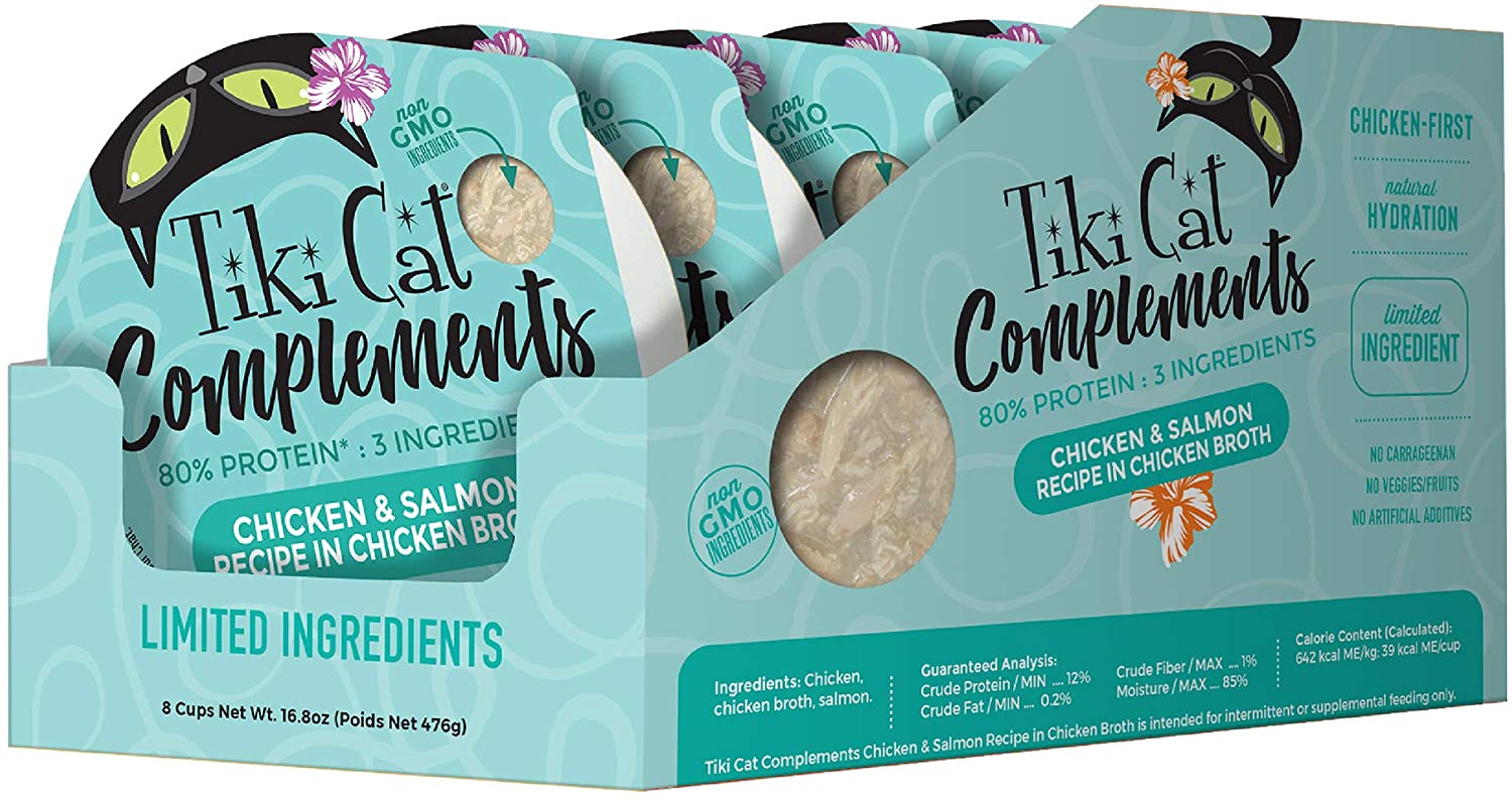 Tiki Cat Complements Chicken & Salmon Cat Food Toppers and Crunchers - 2.1 oz Cups - Case of 8  