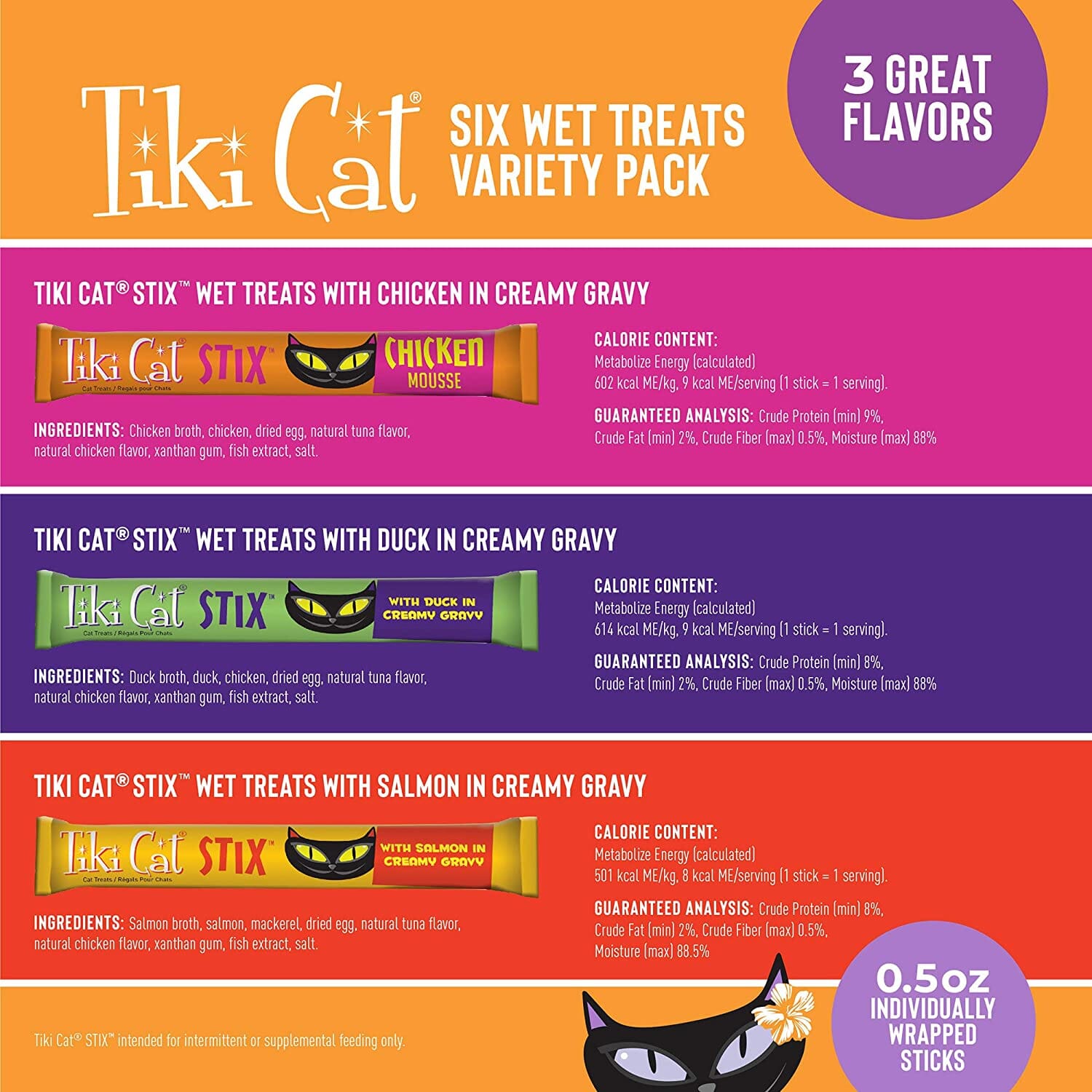 Tiki Cat Variety Pack of Chicken, Duck and Salmon STIX™ Cat Treats - (6 Tubes per Bag) - 3 Oz Bags - Pack of 12  