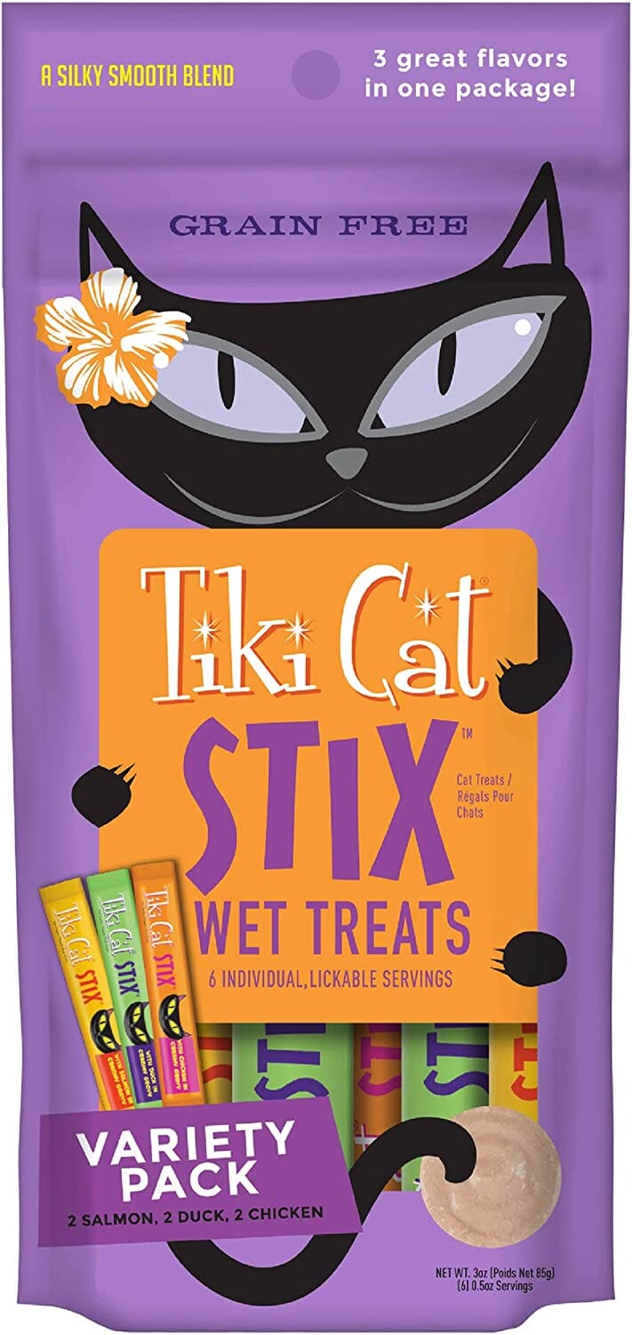 Tiki Cat Variety Pack of Chicken, Duck and Salmon STIX™ Cat Treats - (6 Tubes per Bag) - 3 Oz Bags - Pack of 12  