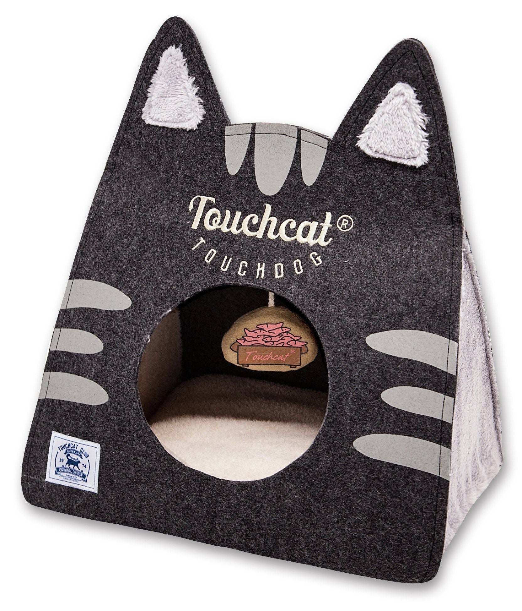 Touchcat ® 'Kitty Ears' Travel On-The-Go Folding Designer Fashion Pet Cat Bed House w/ Hanging Teaser Toy Black 