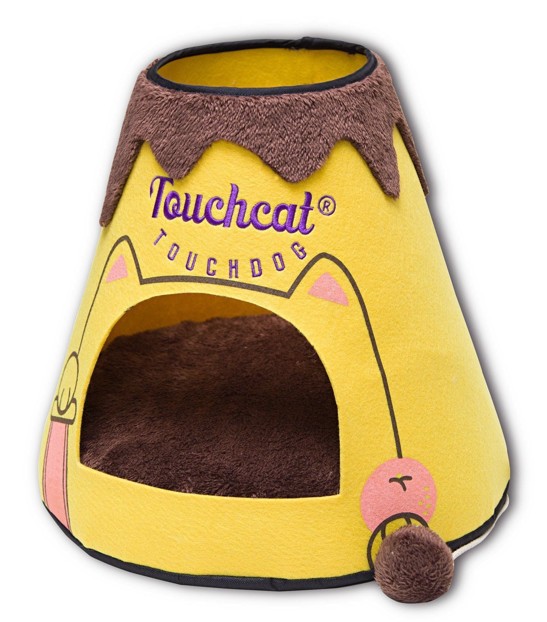 Touchcat ® 'Molten Lava' Triangular Frashion Designer Pet Kitty Cat Bed House Lounge Lounger w/ Hanging Teaser Toy Yellow/Brown 