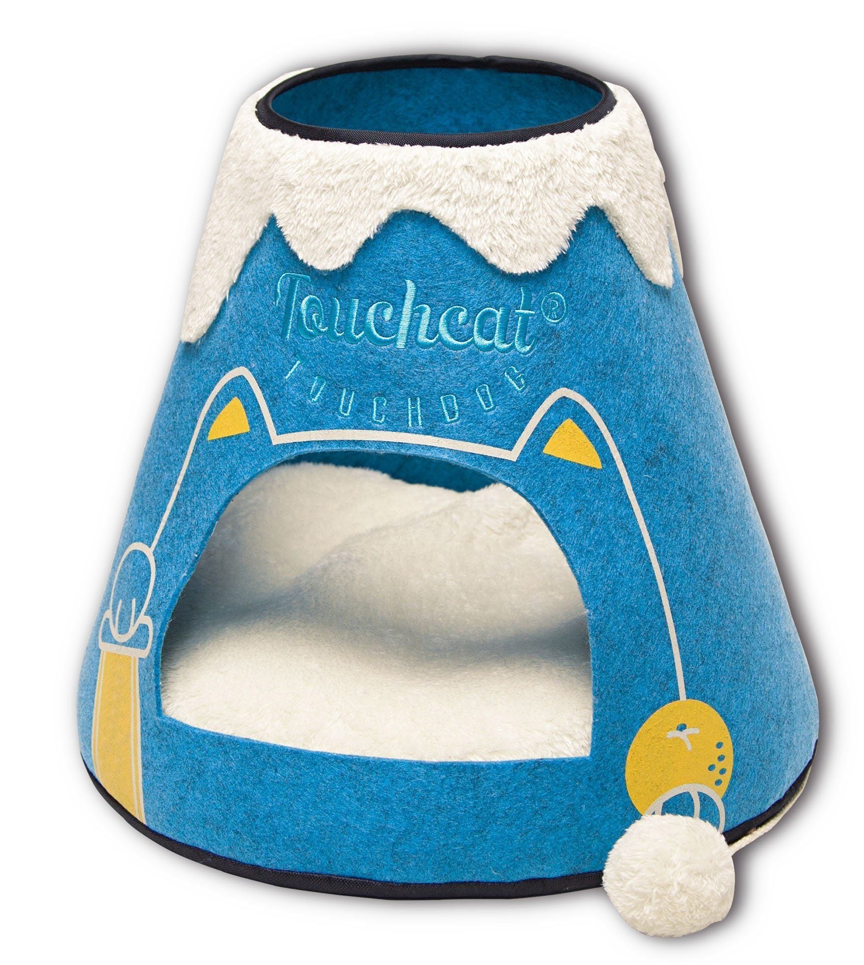 Touchcat ® 'Molten Lava' Triangular Frashion Designer Pet Kitty Cat Bed House Lounge Lounger w/ Hanging Teaser Toy Blue/White 