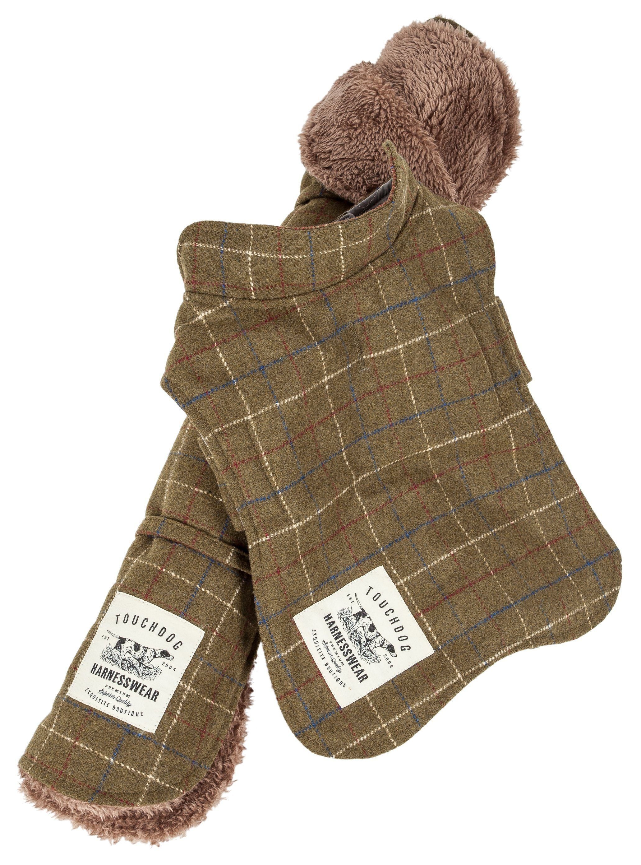 Touchdog ® 2-In-1 Windowpane Plaid Dog Jacket and Matching Reversible Dog Mat X-Small Olive Green Plaid