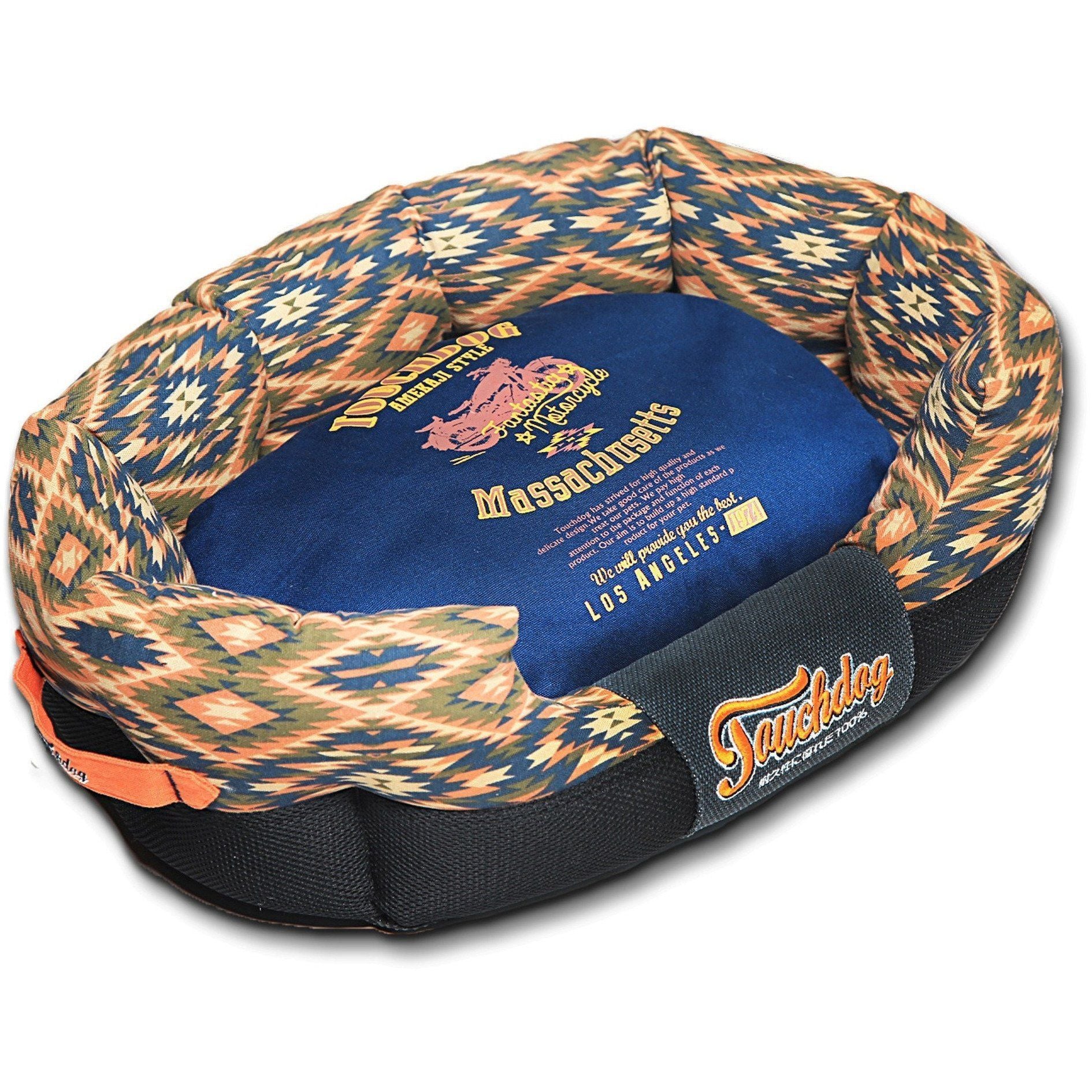 Touchdog ® '70's Vintage-Tribal' Ultra-Plush Rectangular Rounded Dog Bed Medium Midnight Blue, Sandalwood
