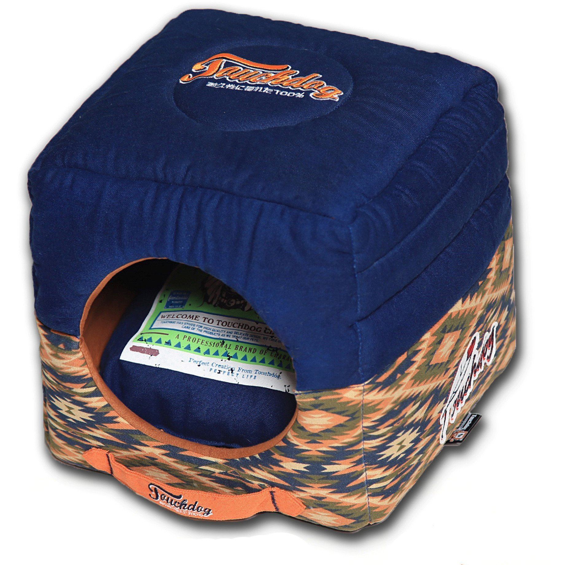 Touchdog ® '70's Vintage-Tribal' 2-in-1 Collapsible Squared Dog and Cat Bed Midnight Blue, Sandalwood 