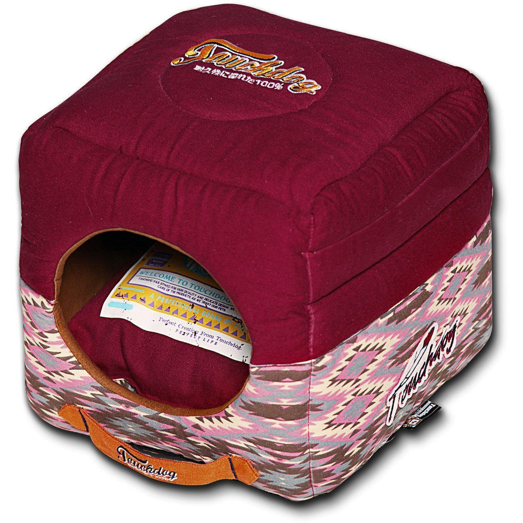 Touchdog ® '70's Vintage-Tribal' 2-in-1 Collapsible Squared Dog and Cat Bed Sangria Pink 