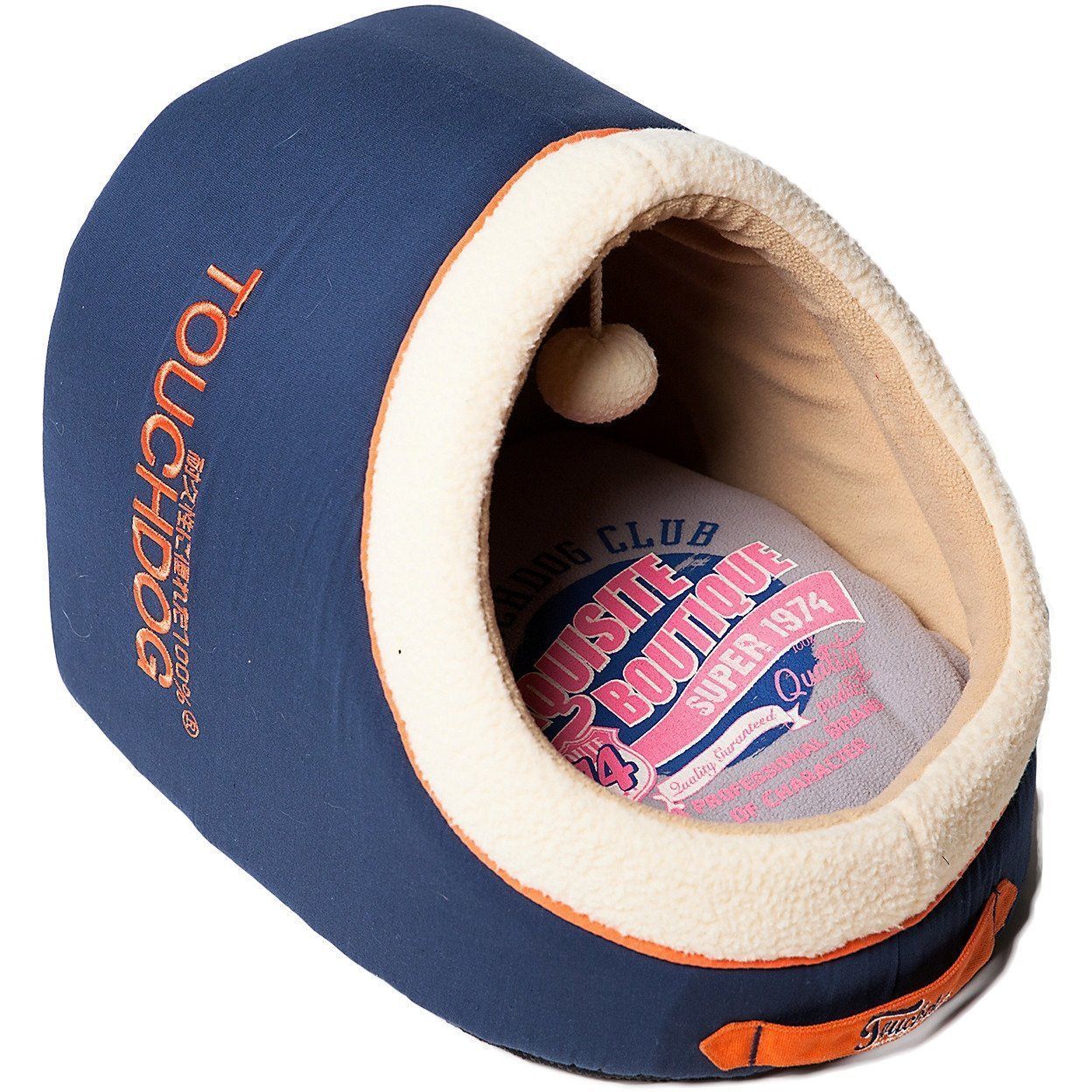 Touchdog ® 'Active-Play' Vintage Emblem Panoramic Cat Bed w/ Teaser Toy Ocean Blue, Grey, Orange 