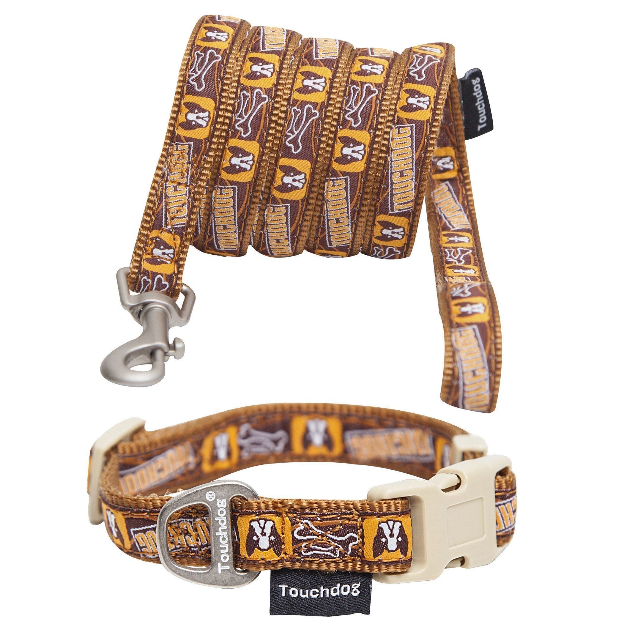 Touchdog ® 'Caliber' Designer Embroidered Fashion Pet Dog Leash and Collar Combination Small Brown Pattern