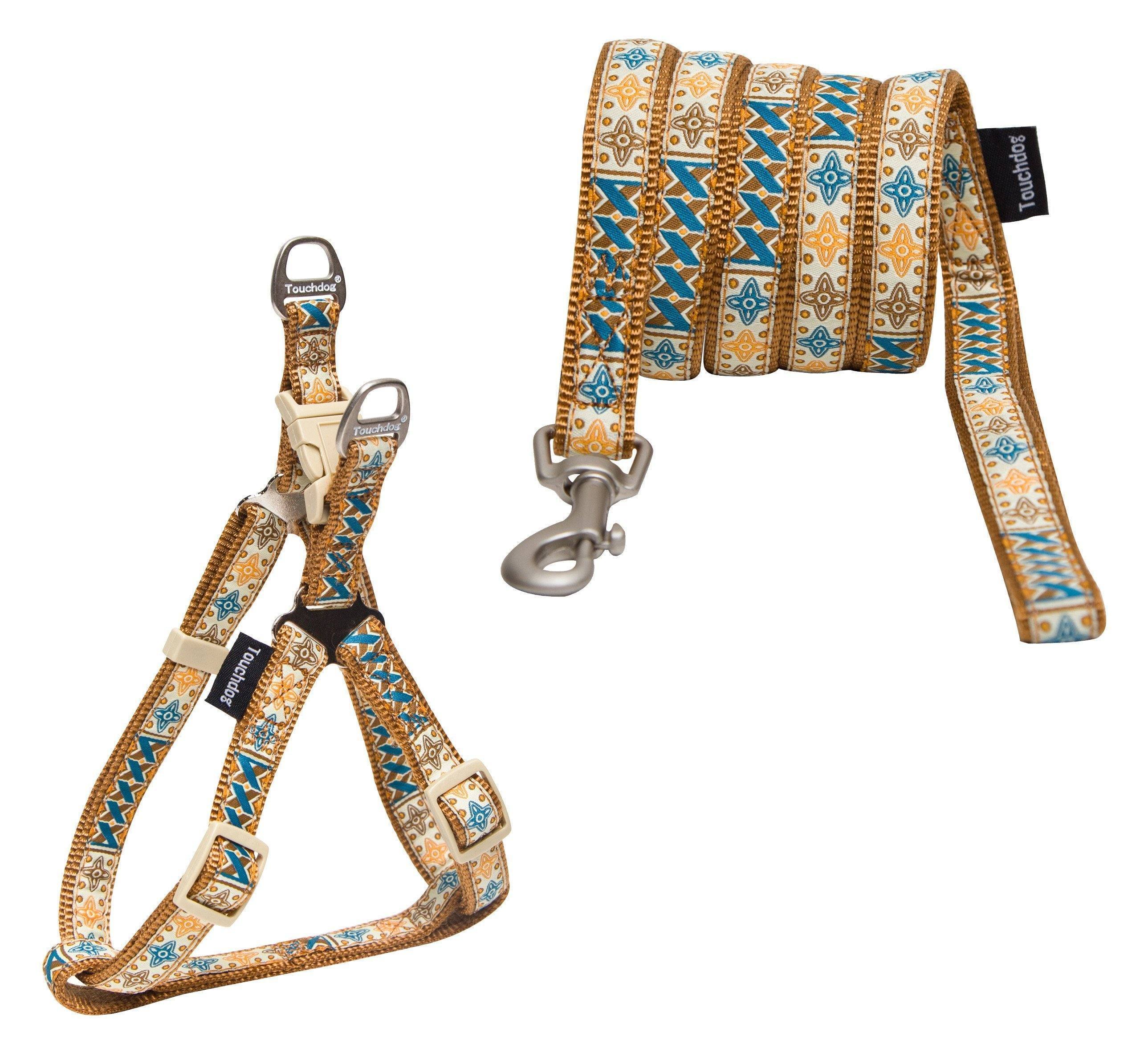 Touchdog ® 'Caliber' Embroidered Designer Fashion Pet Dog Leash and Harness Combination Large Brown Pattern