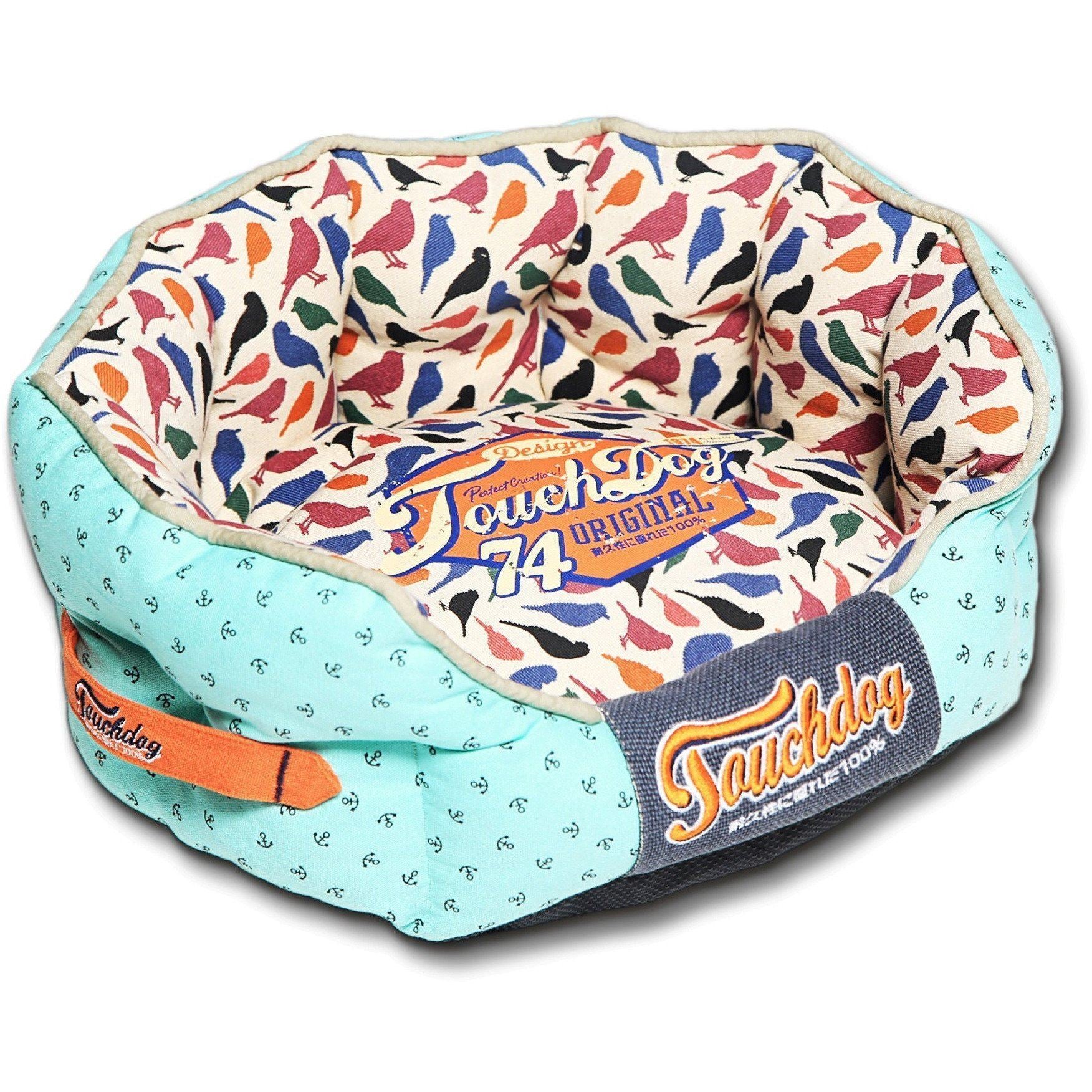 Touchdog ® 'Chirpin-Avery' Rounded Premium Designer Dog Bed Medium Light Blue, Bird Pattern