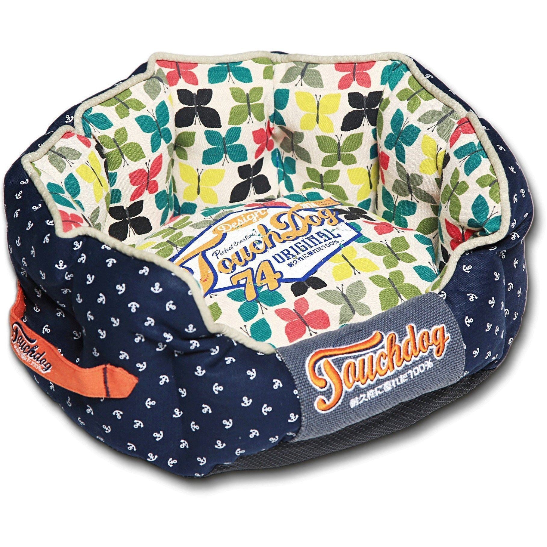 Touchdog ® 'Chirpin-Avery' Rounded Premium Designer Dog Bed Medium Navy Blue, Butterfly Pattern